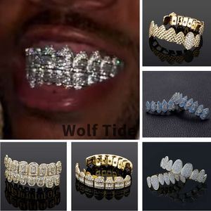 18K Gold Plated Iced Out Cubic Zirconia Hip Hop Mouth Teeth Grillz Vampire Tooth Cap Brace Halloween Rapper Jewelry