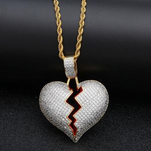 Glacé CZ Broken Love Heart pendentif colliers Bling cubique zircone or argent charme ed chaîne pour femmes hommes rappeur Hip Hop 2125