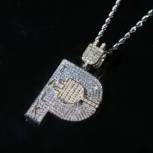 Iced Out Hip Hop Plug Pendentif Pavé Full Cz avec Corde Chaîne Collier Plaqué Deux Tons pour Hommes Garçon Style Punk Bijoux Drop Ship