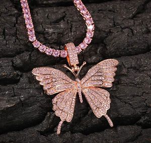 Iced Out Pink Butterflys colgante collar con tenis de 24 pulgadas collares Zirconia joyería