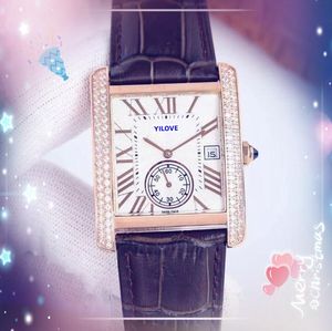 Iced Out Rose Gold Silver Square Roman Tank Roman Dial Men Watch Luxury Président de luxe Twe Line Diamonds Ring Clock Briny Starry Japan Quartz Movement Cow Cow Leather Watches Cadeaux