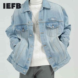 IEFB Men's Wear Ligh Blue Oversize Jeans Jacket Korean Trend Causal Solapa Manga larga Off Shoulder Jeans Coat 9Y7115 210524