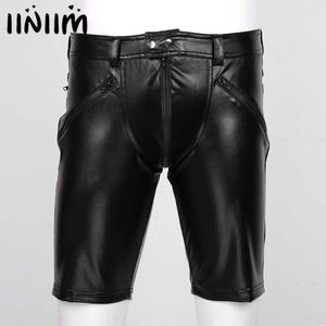 Iiniim Mens Male Sexy Club de cuero Moto Shorts Full Zipper Bolsa Jockstraps Moda Shorts Night Party Clubwear Disfraces X0628