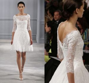 2019 Vestidos de novia cortos de una línea Ilusión Cuello bateau Mangas 3/4 Hasta la rodilla Vestido de novia de playa Tallas grandes Vestidos de novia baratos