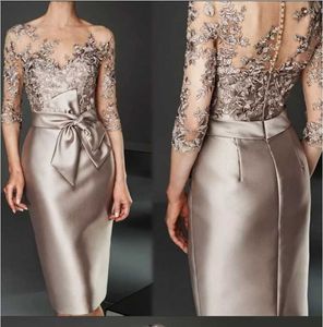 Illusion trois quarts de manche du genou pour femmes robe de fête de mariage en dentelle en satin mère de la mariée