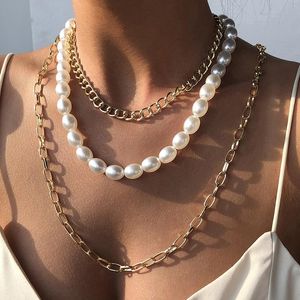 Imitation ovale perle collier ras du cou femmes coréen Kpop multicouche cubain chaîne collier colliers mode Goth bijoux