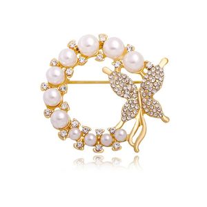 Broche de mariposa con corona de diamantes de imitación y perlas de imitación para mujer, broche de hoja circular elegante a la moda, alfileres, regalos de San Valentín para fiestas