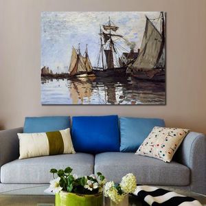 Lienzo impresionista, barcos artísticos en el puerto de Honfleur, pintura hecha a mano de Claude Monet, obra de arte de paisaje, decoración moderna para sala de estar