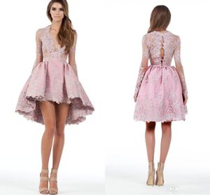 2017 Rose Haut Bas Robes De Soirée Sur Mesure Une Ligne Manches Longues Haut Bas Dentelle Applique Plongeant Cocktail Robes Courtes Mini Robe