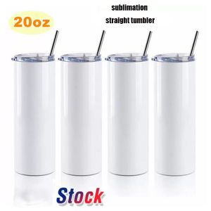 En stock 20oz Blanc Sublimation Droit Tumbler Blanks Double paroi en acier inoxydable Tasse sous vide Bouteille d'eau Presse à chaud Machine Impression par sublimation