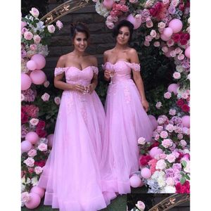 En Stock Robes De Demoiselle D'honneur Romantique Rose Hors De La Robe De Bal Shoders Longue Avec Manches Courtes Applique Invité De Mariage Soirée Formelle F Dh3Kr