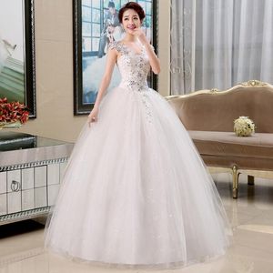 En stock robe de mariée robe de bal pas cher avec appliques dentelle cristal longueur au sol Tulle avec jupon