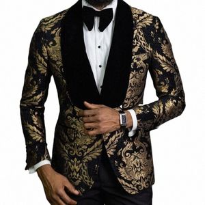 En stock Blazer de mariage floral pour hommes Slim Fit Veste de costume avec Veet Châle Revers African Fi Groom's Tuxedo 2024 r16W #