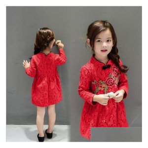 En Stock Robes De Fille De Fleur Robe De Style Chinois Année Bébé Filles Vêtements Mignon Rouge Broderie Enfants Floral Princesse Enfants Vêtements Dhnn1