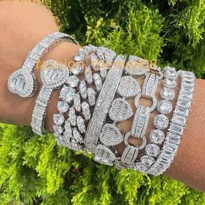 En stock, pulsera de cadena de tenis de Eslabón cubano de Miami pavimentada con circonita rectangular redonda y brillante chapada en plata, joyería helada para mujer y niña