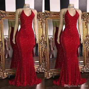 En stock paillettes rouges scintillantes sexy col en V dos nu robes de bal licou sirène longue robes de bal bas dos robe de soirée arabe BC1085