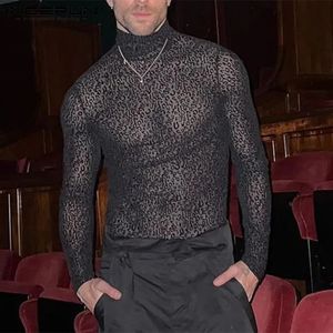 INCERUN hommes t-shirt imprimé léopard col roulé maille Sexy à manches longues voir à travers Camisetas Streetwear mode hommes vêtements 240315