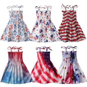 Independence Day Dress Filles Sans Manches Rayures Côtelées Étoiles Imprimé Enfants Robes D'été 4th Of July Outfits