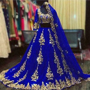 Vestidos de noche azul real árabe indio Dos piezas Vestido de fiesta de lujo de Dubai con velos Apliques de encaje dorado Una línea de ropa para ocasiones especiales largas Mangas 3/4 2023