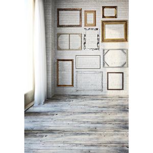 Toile de fond murale en brique d'intérieur pour photographie, cadres imprimés, rideau blanc, fenêtre, mariage, enfants, arrière-plan de Photo, plancher en bois
