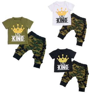 Infantile bébé garçons coton couronne à manches courtes t-shirts et pantalons longs 2 pièces bébé garçons vêtements ensemble vert X0719