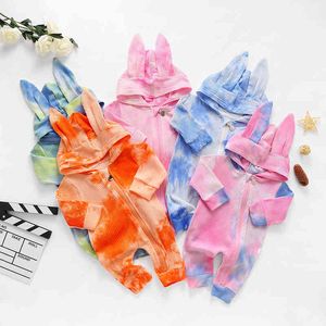 Infant Baby Cotton Romper Long Sleeve Tie Dye Print Zip up Jumpsuit avec Cute Bunny Hood G220521