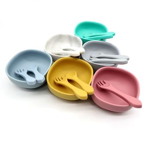 Infant Feeding Sets Utensils Toddler Silicone Bowl With Suction Spoon Fork Set Baby Silica Gel Solid Bowls Spoons Newborn Waterproof Drool Eating Aprons B7813