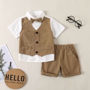 Ensemble de vêtements pour nouveau-né, Costume d'anniversaire à manches courtes pour bébé garçon, chemise à faux deux nœuds avec Short