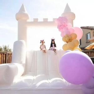 Inflatable Bouncers Modern Luxury White Inflatable Bouncy Castle Slide With Climb Wall Moon Bounce House Blow Up Jump Bouncer For Wedding Support customization