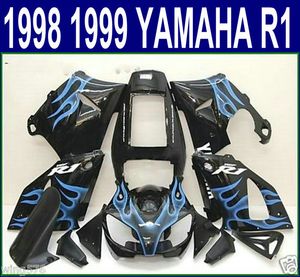 Juego de carrocería de envío gratis de moldeo por inyección para carenados YAMAHA YZF R1 1998 1999 98 99 YZF-R1 kit de carenado de motocicleta negro con llamas azules YP68