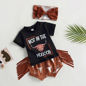 Ins Baby Girls Conjuntos de ropa de dibujos animados Camiseta de manga corta con cabeza de toro Pantalones cortos con borlas Pantalones a tope Accesorios para el cabello para niños pequeños Trajes de 3 piezas Trajes para niños pequeños S2192