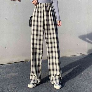 INS Cool Women Baggy Blue Pants Lady Oversize Wide Pierna Plaid Slacks Harem Estudiante Otoño Púrpura Rosa Largo Flare Pantalones 210925