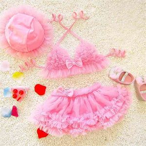 ins moda Dos piezas bebé niña bikini niño pequeño volantes sólido encaje traje de baño pequeño traje de baño 0-24M 210529