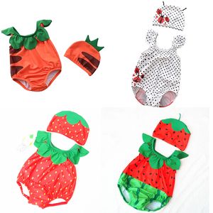 Joli style de fruits bébé une-pièce mignon 6 thème filles garçons ananas pastèque fraise carotte coccinelle maillot de bain imprimé avec casquette adorable maillots de bain pour enfants