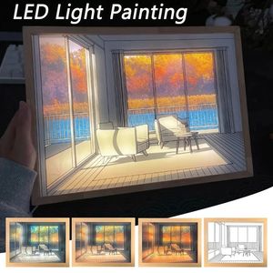 INS LED Decorative Light Painting Bedside Picture Japan Anime Style Creative Modern Simulate Sunshine Drawing Night Light Gift 240129