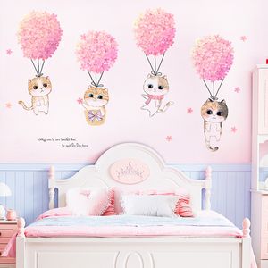 Pegatinas de pared de gato bonito con flor rosa Ins, decoración de pared de fondo para dormitorio de niña, decoración del hogar, pegatina autoadhesiva para habitación de niños