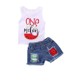 Ins Summer Baby Girls Set Kids Letters Chaleco Tops + Jeans Shorts 2pcs Set Niños Trajes 14786