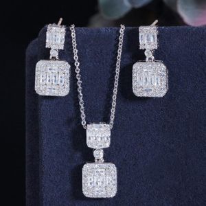 Ins Top vente ensemble de bijoux de luxe en argent Sterling 925 T princesse coupe topaze blanche CZ diamant pierres précieuses fête à la main femmes balancent boucle d'oreille clavicule collier cadeau