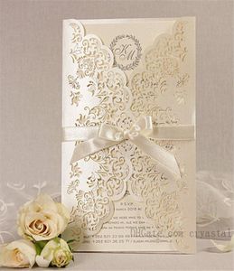 Invitation de mariage gatefold en dentelle complexe Beige découpée au Laser, personnalisée à la main avec ruban et enveloppes 1940770