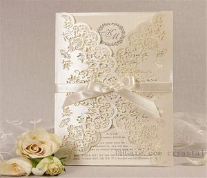 Invitation de mariage gatefold en dentelle complexe Beige découpée au Laser, personnalisée à la main avec ruban et enveloppes 3595626