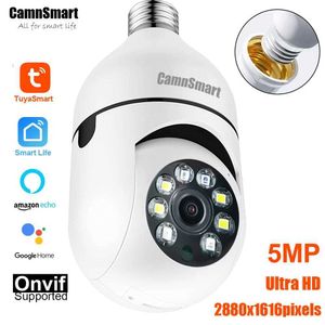 Cámaras IP 5MP Tuya Alexa Camera Wifi Vigilancia de bombilla Uso interior para la seguridad del hogar IP CCTV NVR Color Night Vision Remote View App 24413