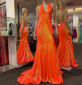 Schillerndes orangefarbenes Ballkleid 2k24, tiefer Neckholder, mit Pailletten, tailliert, für Damen, Festzug, Winter, formeller Abend, Cocktailparty, Hoco-Galakleid, Mutter der Braut, offener Rücken