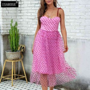 ISAROSE Love Heart Mesh Midi Vestido Spaghetti Straps Summer Glitter Sin mangas Pink Sweet Daily A-Line Vestidos franceses de una sola pieza 210422