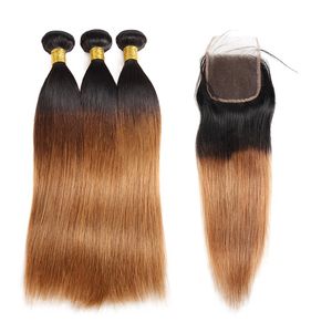 Ishow 10A Ombre Color Raw Hair Weaves Extensiones 3 Bundles con cierre 1b/30 T1B/99J Body Wave Cabello humano Recto T1B/BUG Púrpura para mujeres Todas las edades 10-24 pulgadas