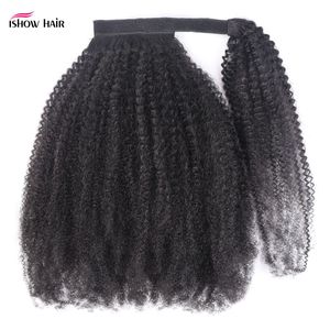Ishow Extensiones de cabello humano ondulado de 8 a 28 pulgadas Tramas Cola de caballo Yaki Recto Afro Rizado JC Cola de caballo para mujeres Color natural Clip en cabello