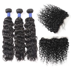Ishow Extensiones de cabello virgen con ondas de agua, paquetes de cabello humano con cierre, cabello brasileño 8A, 3 paquetes con encaje frontal para mujeres y niñas de todas las edades, 8-28 pulgadas