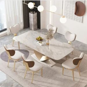 Tableaux de salle à manger d'assiette en pierre italienne Ensemble moderne simple rectangulaire petit appartement maison de luxe doux meubles en marbre de cuisine