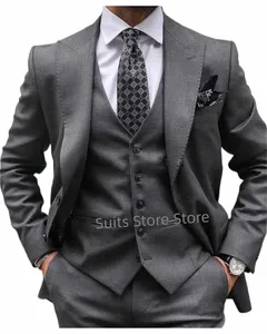 Trajes de boda de estilo italiano para hombres Slim Fit Peak Lapel Groom Tuxedos Blazer 3 piezas Set 2024 Elegante gris Ropa masculina Terno Mascui K5B0 #