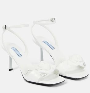 Itália marca roseta sandálias de couro sapatos femininos salto alto dedos quadrados tira tornozelo branco preto festa casamento senhora andando EU35-42