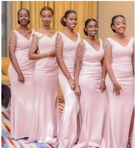 2022 Recién llegado Vestido de dama de honor de sirena rosa Vestido largo con cuello en V para invitados de boda Vestido de fiesta de noche de graduación para niña negra B0606G4
